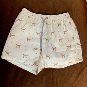 Polonio Ivory Brown Pink M Swim Shorts with Dog Print Beach Boat Coastal